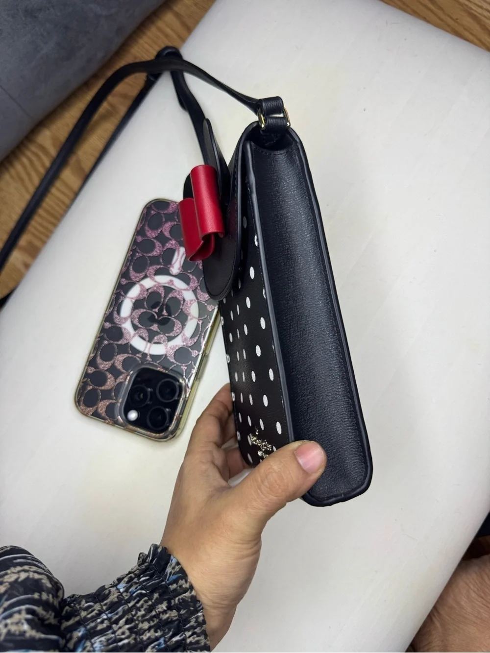 kate spade Black Polka Dot Crossbody with Red Bow Accent